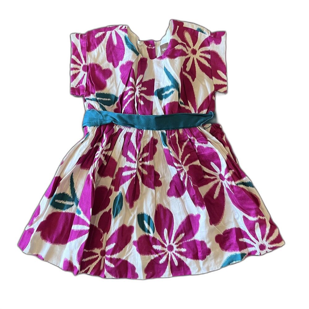 Tea Collection Girls Size 3 Magenta Floral Dress Teal Sash Fit Flare